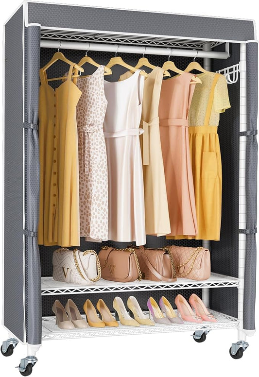 VIPEK R3C Covered Clothing Rack for Hanging Clothes Rolling Closet | Lockable Wheels, Adjustable Wire Shelving Heavy Duty, Metal Side Hooks, Polyester Cover, 374lbs Space-Saving for Home