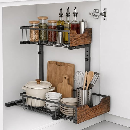 Pull Out Cabinet Organizer 2 Tier Metal Under Sink Organier | Shelf 5 Adjustable Height, Wood Handle, Anti Topple Over, Sturdy Slide out Storage Rack for Bathroom Kitchen Home Pantry