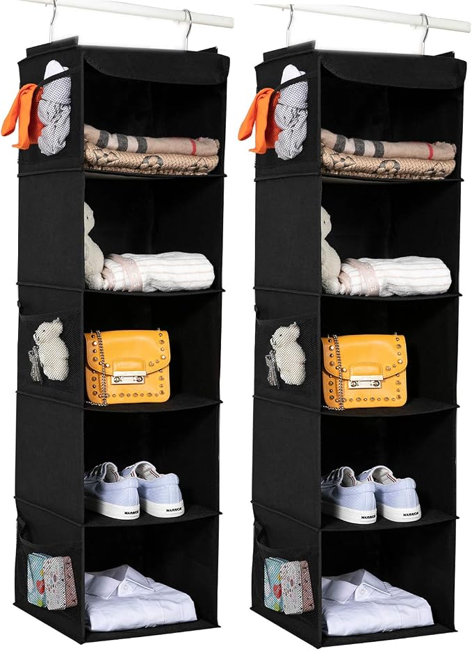 BrilliantJo 2 Pack Hanging Closet Organizer, 5 Shelves Hanging Storage with 6 Side Pockets for Clothes Shoes, 43"x12"x12"(Black)
