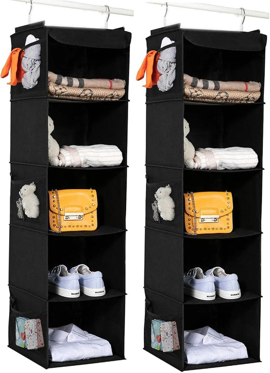 BrilliantJo 2 Pack Hanging Closet Organizer, 5 Shelves Hanging Storage with 6 Side Pockets for Clothes Shoes, 43"x12"x12"(Black)