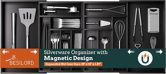 Silverware Organizer Large, Magnetic Connected Expandable 13 Slots Silverware Drawer Organizer From 21 to 37.4 Inches, Adjustable Flatware and Cutlery Holder, Bamboo Utensil Tray for Kitchen Black