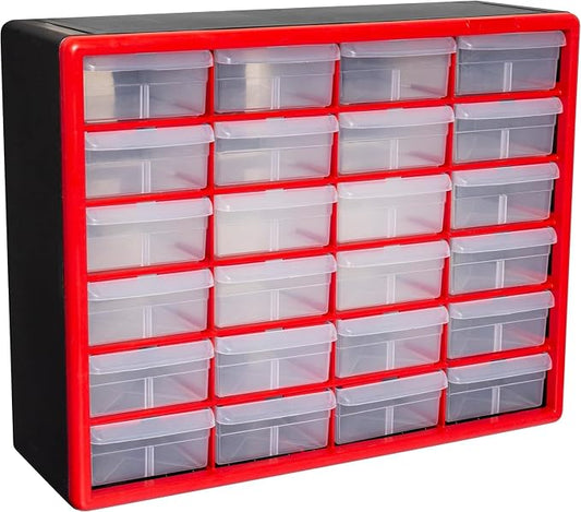 Akro-Mils 24-Drawer Plastic Storage Cabinet, 20"W x 6"D x 16"H, Red | Plastic Cabinet w/ Drawers for Garage Organization, Beads, Building Bricks Storage, Teacher Toolbox, Makeup Organizer, 10124