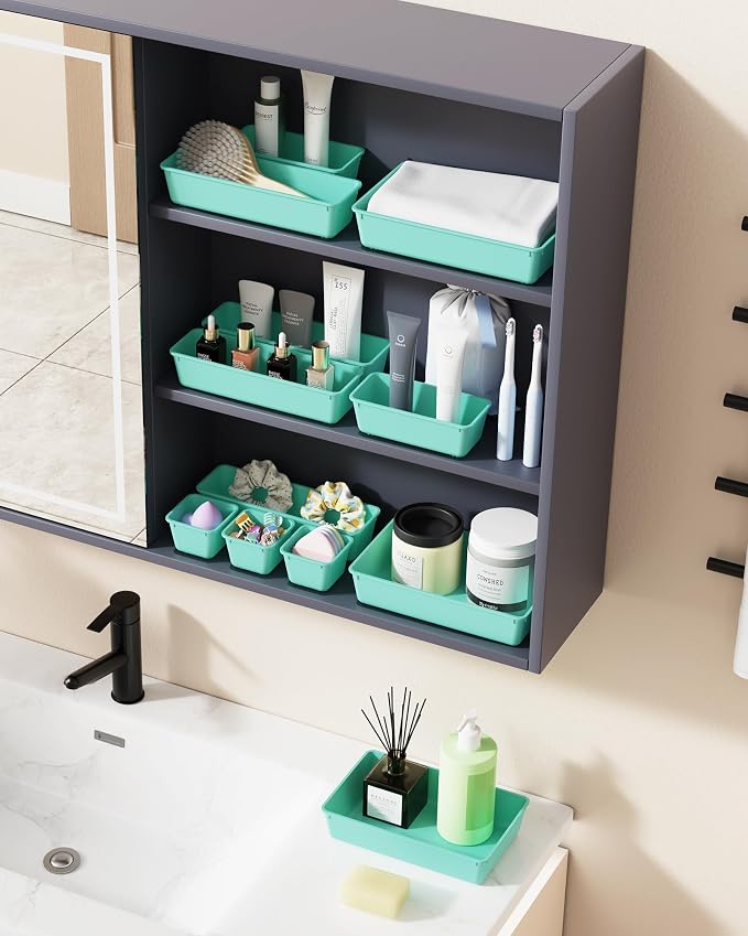 BiuLeon 25 PCS Plastic Drawer Organizers Set, 4-Sizes Vanity and Makeup Organizer, Desk and bathroom Drawer Organizer Trays, Organizers and Storage for Makeup, Jewelry, Gadgets, Utensils (Blue)