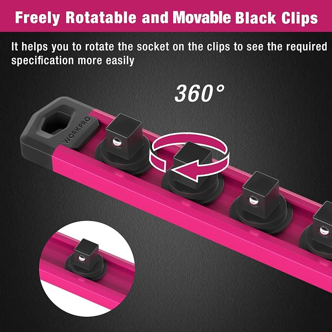 WORKPRO Magnetic Socket Organizer, Heavy Duty 3/8-Inch Drive Socket Rail | 1 Piece Socket Holder with 10 Spots, Aluminum Alloy, Rotatable & Movable Clips, Efficient Organization