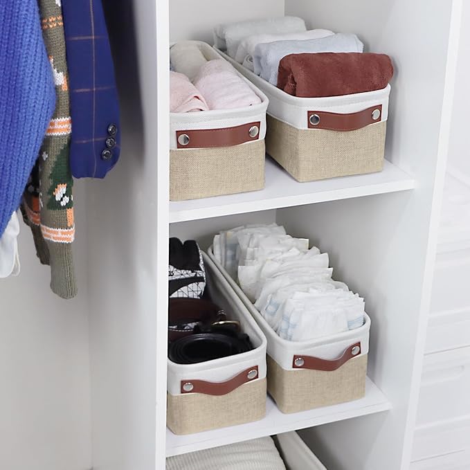 Univivi Small Fabric Storage Bins,15x6x5 inch,4 Pack,Khaki | Metal Frame,Hard Cardboard Bottom,Foldable,with PU Handles,Long Narrow Storage Baskets,Organizing Small Items