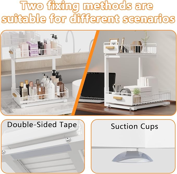 Under Sink Organizer 1 Pack Pull Out Cabinet Organizer with Ball Bearing Sliding Drawer 2 Tier Adjustable Storage Rack Heavy Duty for Kitchen Bathroom White