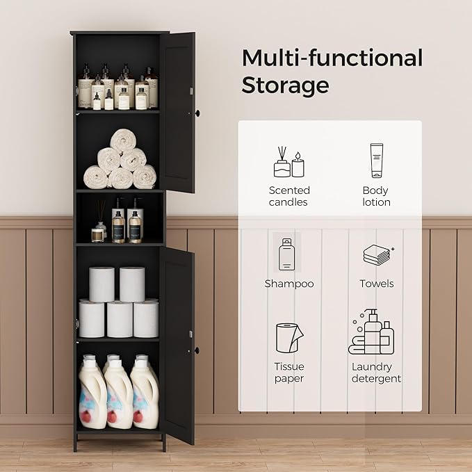 Homleke Tall Bathroom Storage Cabinet with 2 Doors, Slim Bathroom Cabinet | Narrow Storage Cabinet with Adjustable Shelves, Anti-Tip Design, Reversible Door, Easy Assembly, Black, 15.7''W