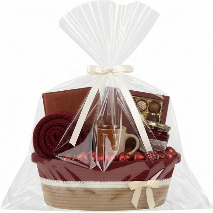 Colingmill 1 Set Woven Empty Basket for Gift,Brick Red Khaki | with Cellophane Wrap Set, 14 x 10 x 5.5 Inch, Medium Decorative Gift Basket, Cotton Rope Storage Box, Home Decor