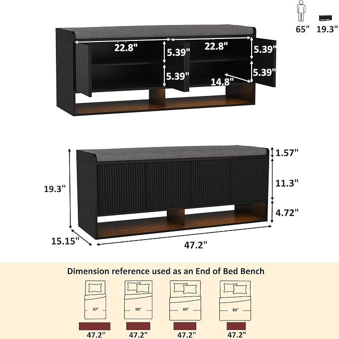 HOMEFORT 47.2" Fluted Shoe Storage Bench, Entryway Bench with Linen Seat Cushion, Shoe Cabinet Bench with Adjustable Shelf and Built-in LED Sensor Light, Bench for Bedroom End of Bed, Black