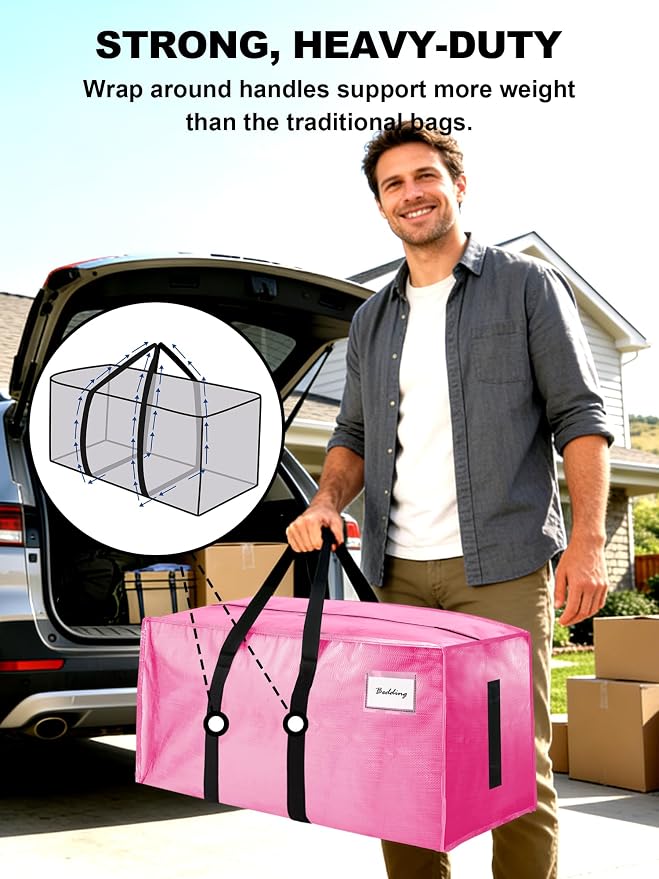 HOMESURE Supports 200lbs Heavy Duty Moving Bags - Strong Zipper & Wrap-Around Handles - Water-Resistant Storage Totes, Durable Alternative to Moving Boxes - 4 Pack - Pink