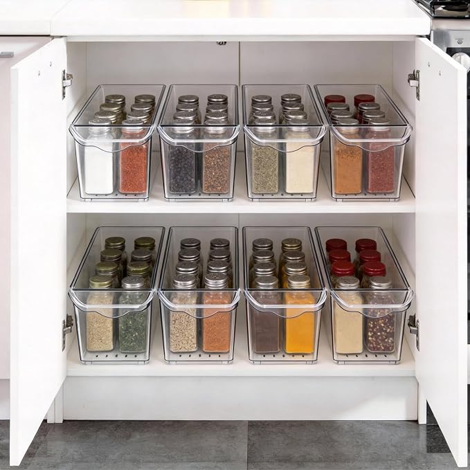 4 Pack Slim Fridge Organizer Bins, BPA Free Clear Refrigerator Storage Containers, Clear Pantry Organization & Cabinet Bins with Handles, Narrow Freezer Bin for Kitchen, Mini Fridge