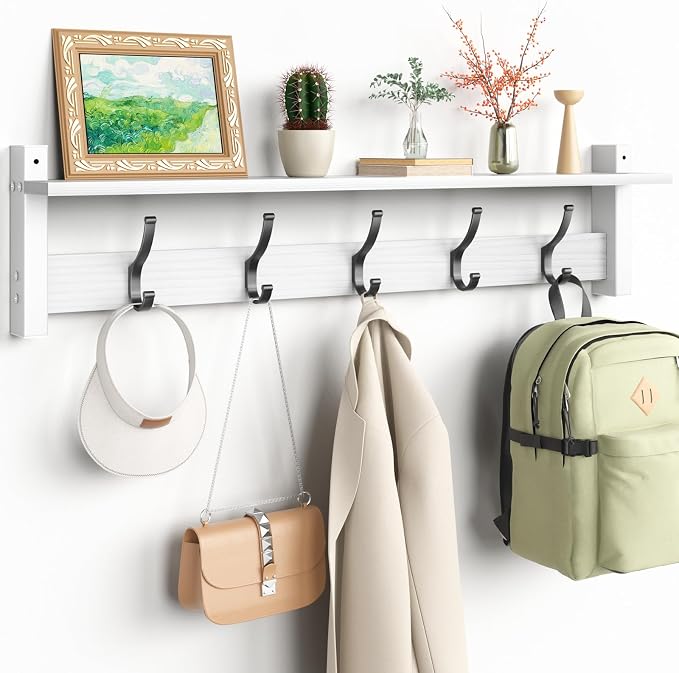 Optish Coat Rack Wall Mount with Shelf, 29 Inch Coat Hanger Walls Mounted, Hat Rack for Walls, Shelf with 5 Coat Hooks, Wall Hanger for Entryway (White)