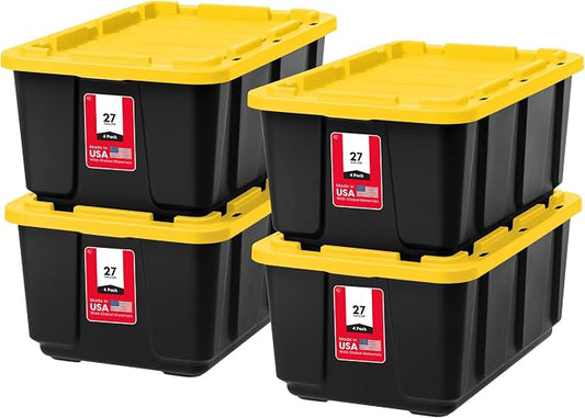 IRIS USA 4-Pack 27 Gal Heavy Duty Storage Tote Bins with Lids, Black/Yellow | Large-capacity design handles moving, camping gear and bulky equipment, Stackable shape maximizes garage storage