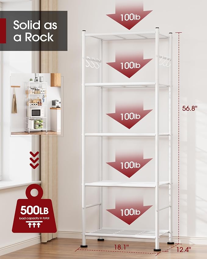 Sakugi Storage Shelves - 5-Tier Large Capacity Shelf Organizer with Hooks, Heavy-Duty Garage Shelving with Leveling Feet, Wobble-Free Rack for Bedroom, Balcony, Garage, 18.1"×12.4"×56.8", White