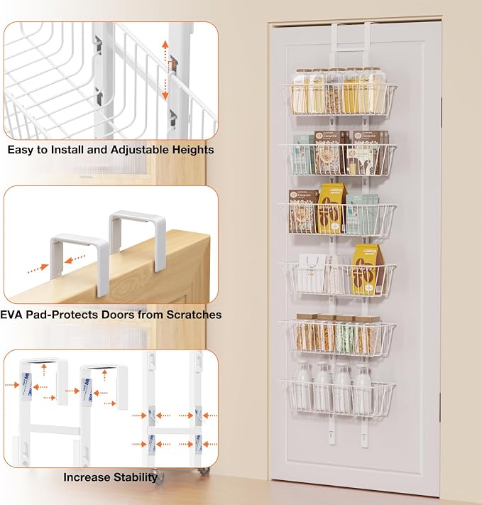 6 Tier Over the Door Pantry Organizer, Over the Door Spice Rack with Adjustable Baskets, Metal Hanging Door Pantry Organizers and Storage for Kitchen Bathroom Bedroom, White