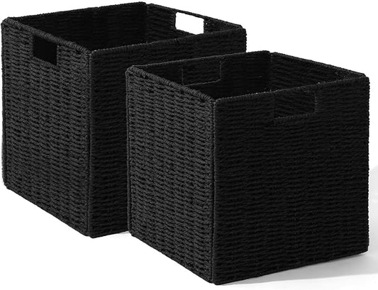 Set of 2 Hand-Woven Paper Rope Wicker Baskets, Storage Basket, Foldable Cube Storage Bins, Black Storage Cubes, Square Baskets for Organizing Shelves Decor, 12x12x12in