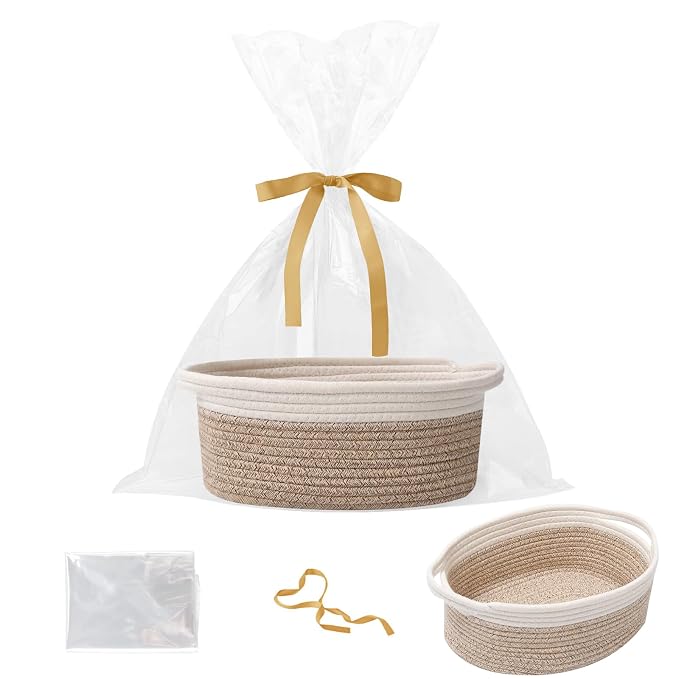 Woven Rope Basket - Baby Gift Basket with Bag & Ribbon, Mixed Brown | Cotton rope with handle, 12 x 8 x 5 in, gift bag and ribbon, for baby shower, birthday, toy storage, nursery, shelf decor