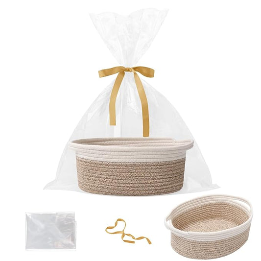 Woven Rope Basket - Baby Gift Basket with Bag & Ribbon, Mixed Brown | Cotton rope with handle, 12 x 8 x 5 in, gift bag and ribbon, for baby shower, birthday, toy storage, nursery, shelf decor