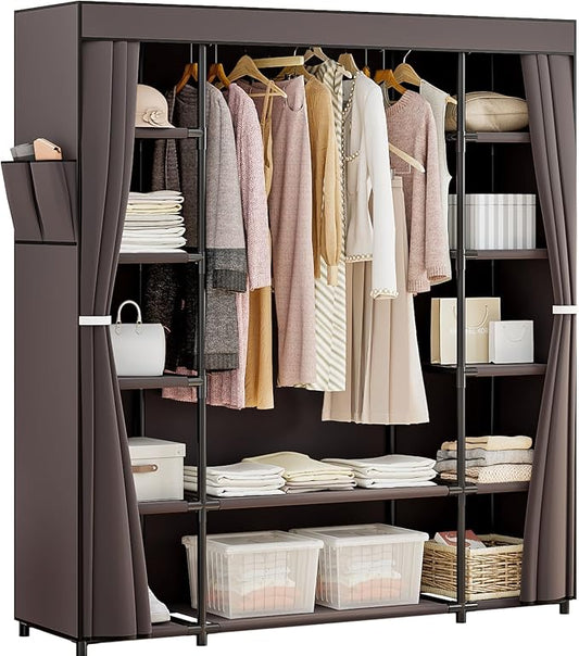 SORCEDAS Portable Closet Wardrobe Organizer Storage with Cover Non-Woben Fabric Portable Wardrobe Closet for Hanging Clothes Racks Shelving 33 Inch for Bedroom, Blue (Coffee, 59Inch)