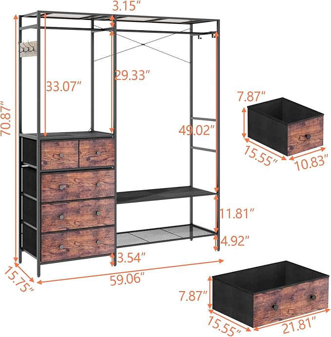 Heavy Duty Clothing Rack with 5 Drawers & 4 Storage Shelves, 2 Hanging Rods | 70.9Hx59.1W Clothing Rack, Wardrobe Closet Racks with 5 Hooks, Freestanding Garment Racks (Rustic Brown)