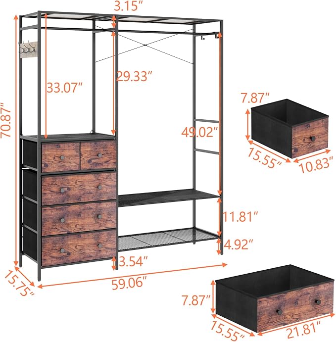 Freestanding Clothes Rack with 5 Drawers & 4 Storage Shelves,2 Hanging Rods | 59.1" W*70.9" H Heavy Duty Clothing Rack, Wardrobe Closet Organizer System with 5 Hooks, Garment Rack (Rustic)
