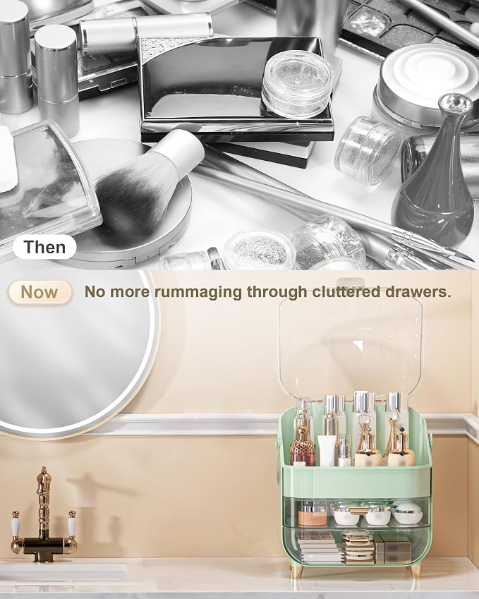 Makeup Organizer Countertop, Skincare Holder Bathroom Counter Organizer, Storage Box Cosmetic Display Cases, Teen Girl Gifts Make up Organizers (Green/Brush)