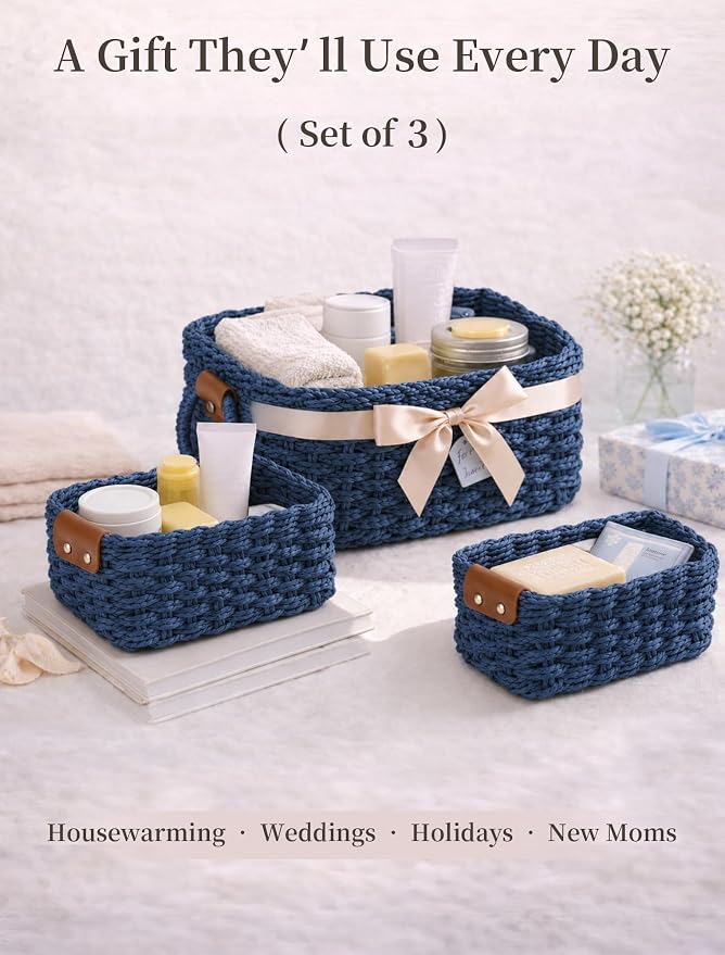Small Wicker Baskets, 3 PCS Paper Rope Baskets for Shelves, Blue | Recycled Small Baskets, 3 Sizes Woven Baskets for Organizing, Decorative Storage Baskets for Bedroom and Bathroom
