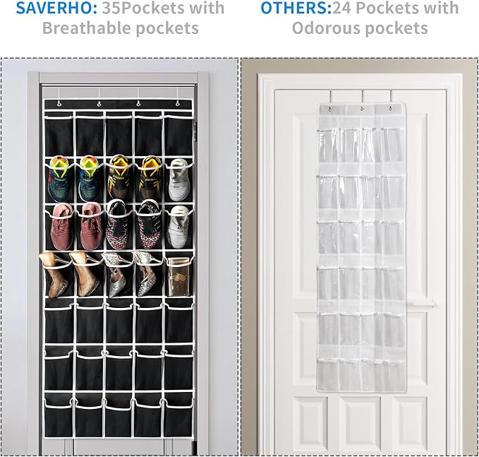 SAVERHO 35 Pockets Over the Door Shoe Organizer, Hanging Shoe Organizer for Door with 35 Mesh Pockets Large Capacity Shoe Hanging Storage Bag with 4 Metal Hooks (Black-1Pack)