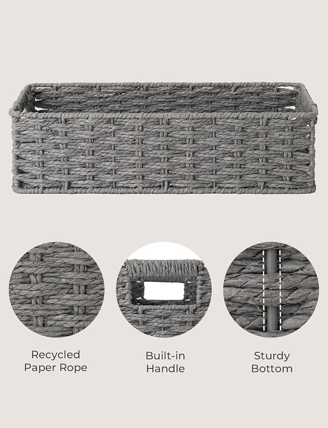 StorageWorks Toilet Tank Basket for Bathroom, Wicker Storage Baskets, Gray | Paper Rope Toilet Paper Baskets for Back of Toilet Tank Top, Bathroom Basket Organizer with Built-in Handles for Storage
