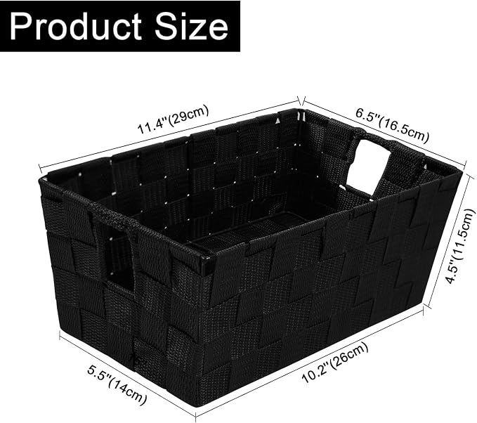 Woven Black Storage Baskets Shelf Tote Boxes Container, Durable Storage Organizer Bins with Built-in Handles for Bedroom, Office, Closet, Kids Room, Nursery, 3-Pack,11.4”x 6.5”x 4.5”