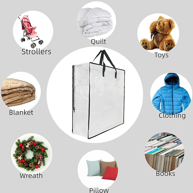 3 Pack Clear Storage Bags with Zipper and Handles, Blanket Bags For Closet Storage, Moving and Packing Supplies for College, Underbed Storage Organizer for Clothes Pillow Bedding Christmas Wreath