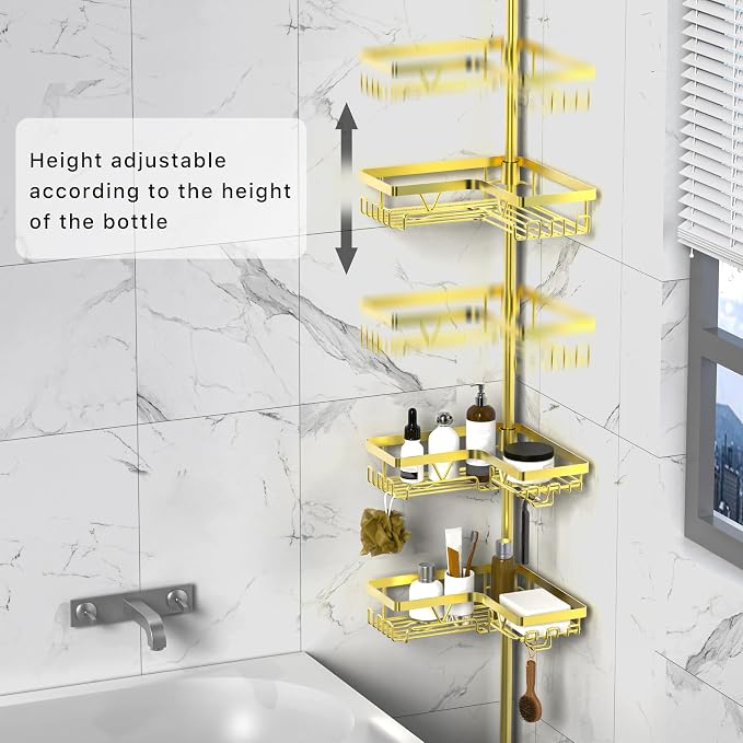 KEGII Corner Shower Caddy Tension Pole, Bathroom Storage Rack, Gold | Stainless Steel 4-Tier Shower Shelf with Hooks and Soap Holder, Waterproof Rustproof Organizer for Renters and Families