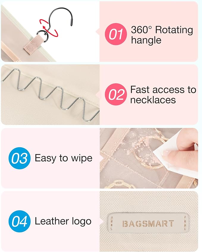 BAGSMART Hanging Jewelry Organizer Necklace/Earring/Ring 2-Sided L Beige | Jewelry Holder Organizer Storage with Hanger Metal Hooks Double-Sided Jewelry Holder on Closet, Wall, Door