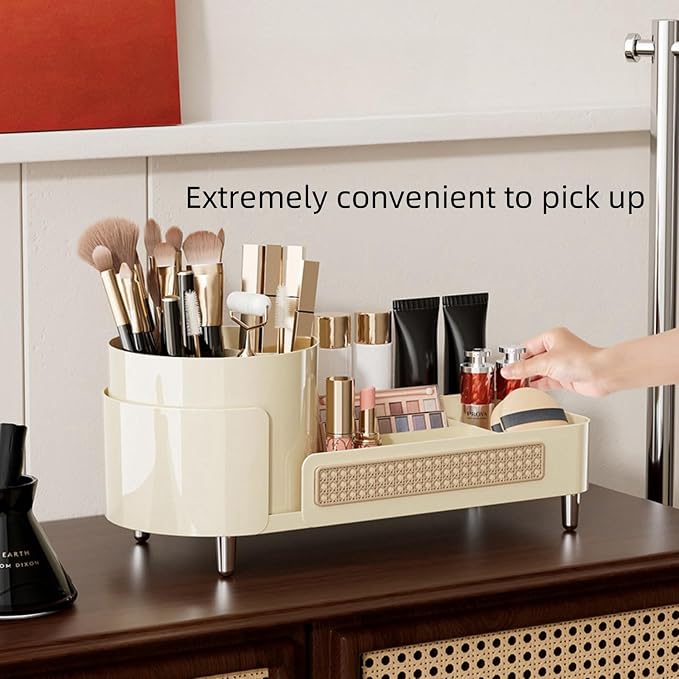 Booklov Rotating Makeup Organizer for Vanity Countertop, Cream | Plastic Cosmetic Display Case, Large Beauty Brush Holder for Bathroom Counter, Skin Care Perfumes Storage