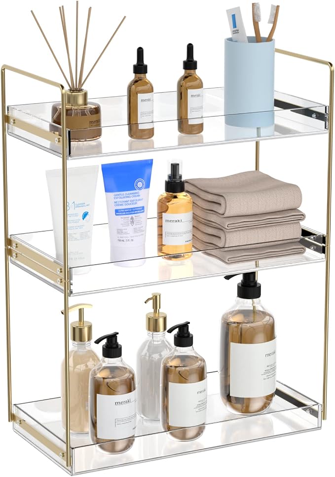 Bathroom Countertop Organizer, 3 Tier Acrylic Tray Vanity Counter Skincare Organizer Shelf, Kitchen Under Sink Standing Rack, Home Storage Holder for Lotion Makeup Cosmetics Perfume Spice, Gold | Kitchen Under Sink Standing Rack, Home Storage Holder fo...