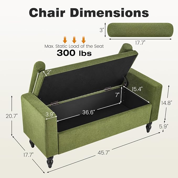 End of Bed Bench for Bedroom, 45.7" Linen Storage Ottoman Bench with Removable Pillows, Upholstered Entryway Bench with Solid Wood Legs, Storage Cabinet for Bedroom, Living Room, Entryway, Green