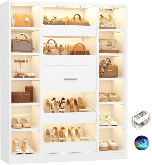 Besiost Shoe Cabinet with 12 Shelves & 5 Drawers, Wood Shoe Rack with Light | Holds Up to 30+ Pairs of Shoes, Vertical 40" W Shoe Storage Cabinet for Entryway, Hallway, Walk-In Closets, White