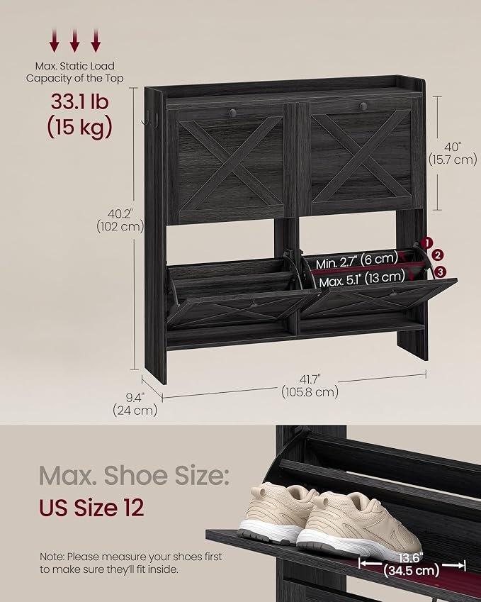 VASAGLE Shoe Storage Cabinet Organizer with 4 Flip Drawers, Freestanding Narrow Shoe Rack Cabinet for Entryway, Farmhouse Style, Fits 14 to 16 Pairs, Smoky Black UHSC403BJ01