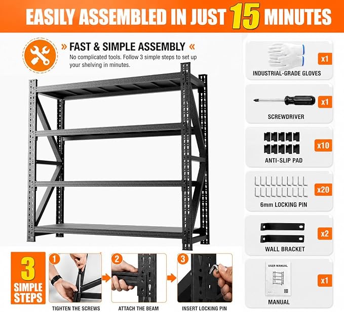 7000LBS Garage Shelving, 79" W Heavy Duty Metal Adjustable 4 Tier Storage for Warehouse, Basement, Shop and Office, Commercial-Grade Steel Organizer, 79" W x 24" D x 75" H