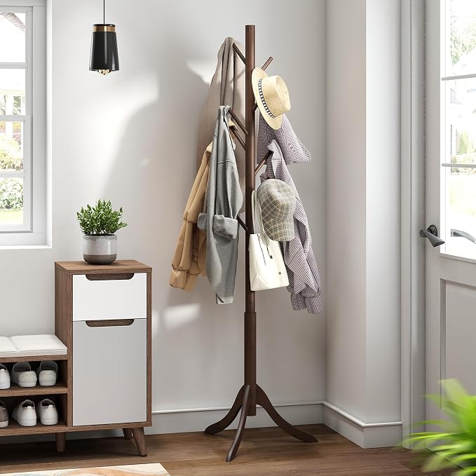kiplant Bamboo Wood Coat Rack Stand, Freestanding Coat Tree with 8 Hooks, Hallway Entryway Hat Hanger Organizer Standing for Bedroom, Office, Clothes, Jackets, Bags, Umbrallas