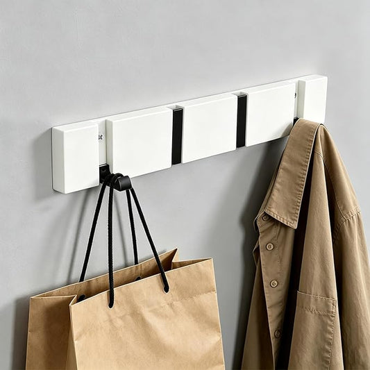 Wall Mounted Coat Rack, Heavy Duty Folding Coat Hooks Wood Retractable Wall Hooks for Hanging Purse Clothes Keys, Towel Hooks Rack for Bathroom Wall Coat Hanger for Entryway (4 Hooks,White)
