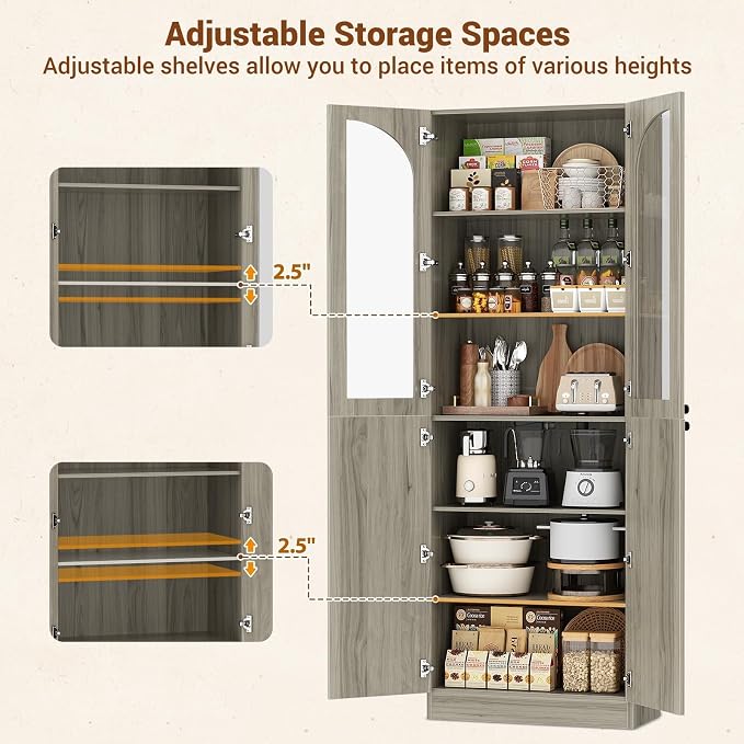 Cyclysio 80" Kitchen Pantry, Tall Arch Storage Cabinet with Tempered Glass & Soft Close Doors, Freestanding Wood Floor Cupboard Bookcase with Seamless Fit Wall for Dining Room, Living Room, Bathroom
