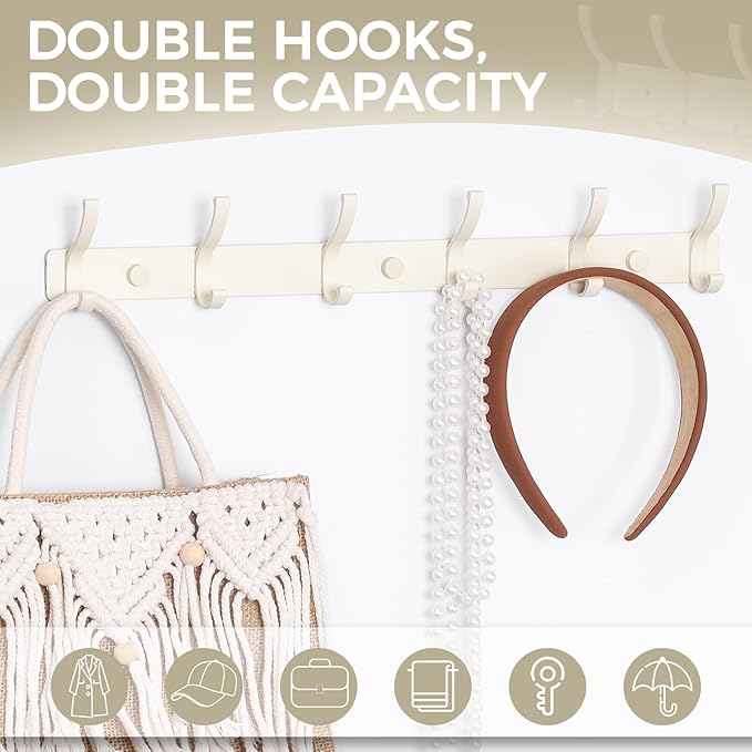 Dntorx Coat Rack Wall Mount, 2 Pack White Coat Hooks Hanger Wall with 6 Double Hooks Rack Rail Towel Hat Rack Entryway Bathroom Hanger Organizer for Robes, Clothes, Bags, Hat