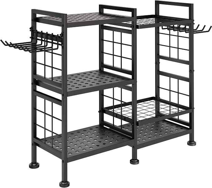 GIOTORENT 6 Tier Garden Tool Organizer, Garage Storage and Organization, Metal Yard Tools Storage Rack, Heavy Duty Garden Tool Organizer for Garage, Yard, Patio, Shed, Indoors and Outdoors, Black