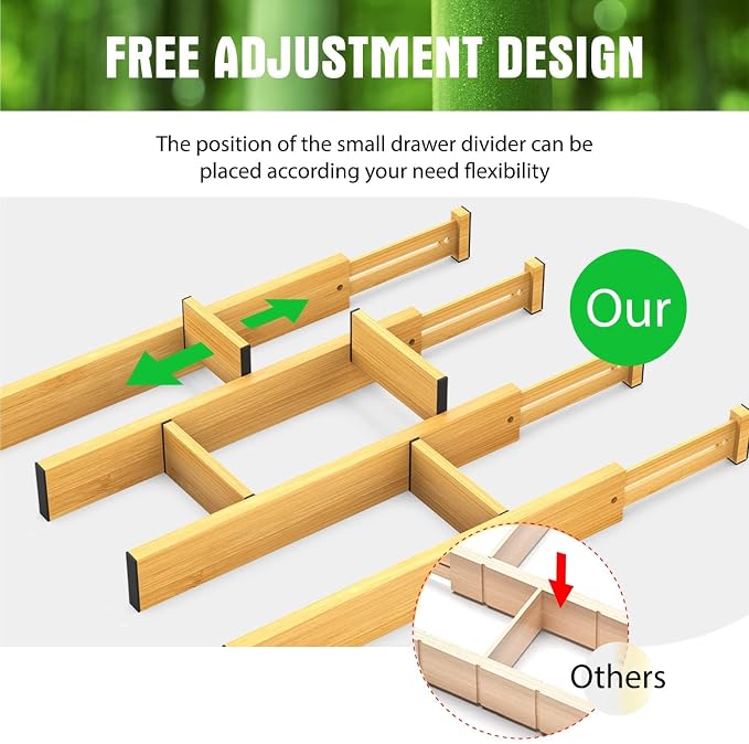 Bamboo Drawer Dividers, Expandable Drawer Separators Splitter, 17-22 inches Adjustable Spring-loaded Organizer for Large Utensil, Clothes, Tools Drawers, 6 Pack Dividers + 4 Pack Baffle