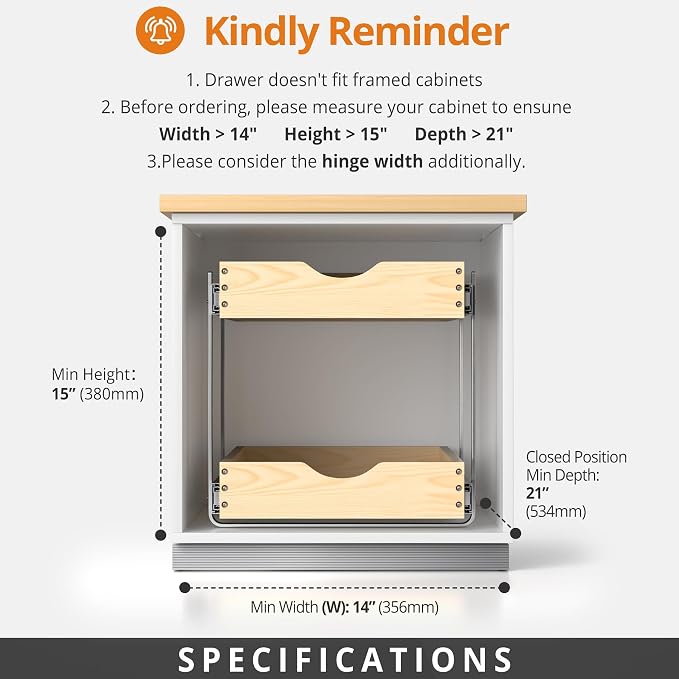 21" Deep 2-Tier Pull Out Cabinet Organizer - Wood Pull Out Drawers | Slide Out Shelves, Full-Extension, Ball-Bearing Slides, 3 Adjustable Heights (2-Tier, 14''W X 21''D Overall)