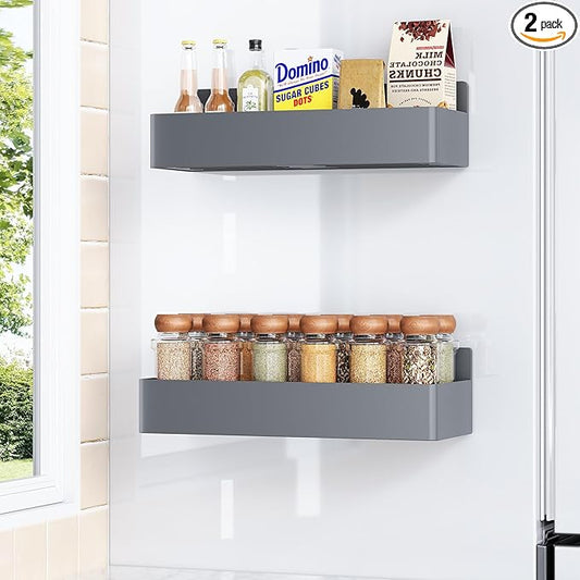 Mystozer Magnetic Spice Rack for Refrigerator, Kitchen Organizer and Storage Shelf, Grey(2 Pack)