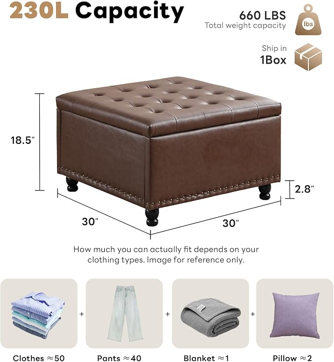 Tbfit Large Square Storage Ottoman Bench, Button Tufted Upholstered Coffee Table Ottoman with Wooden Legs, Oversized Storage Ottomans Toy Box Footrest for Living Room, Brown