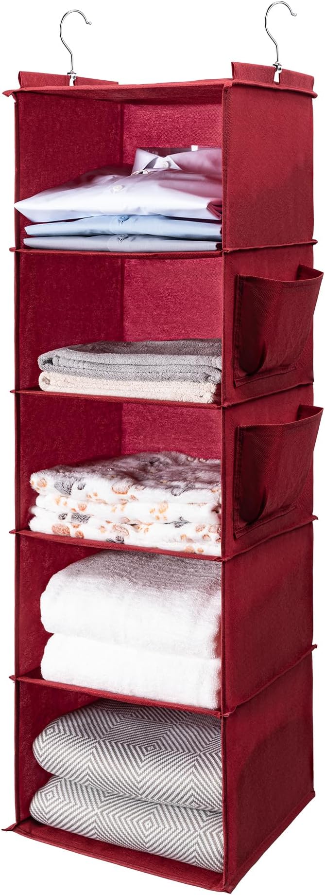 BOOMIBOO Hanging Closet Organize and Shelves，5-Hanging Shelf with 2 Side Pockets，Storage Foldable （Red）