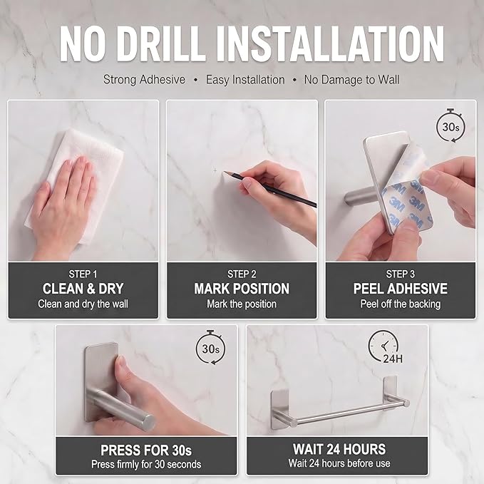 Songtec Bathroom Towel Bar 16-inch, No Drill Stick On Towel Rack, Easy Install with Self-Adhesive, Premium SUS304 Stainless Steel - Brushed Nickle